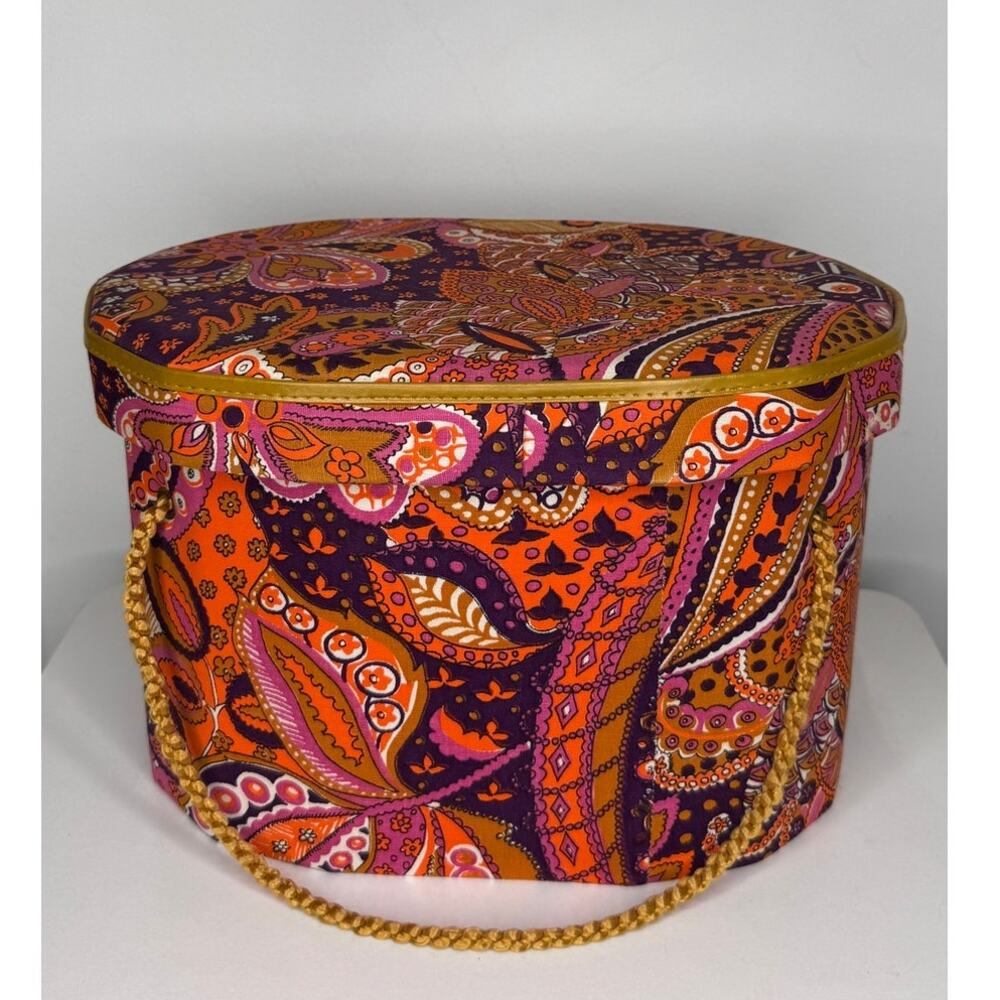 1960s Psychedelic Paisley Wig Case Hat Box Vanity Storage Mod Orange Pink - Picture 11 of 16